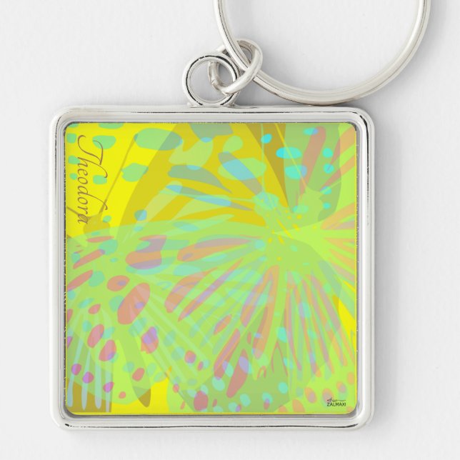 Chic Abstract Gold Butterfly Yellow Violet Key Ring (Front)