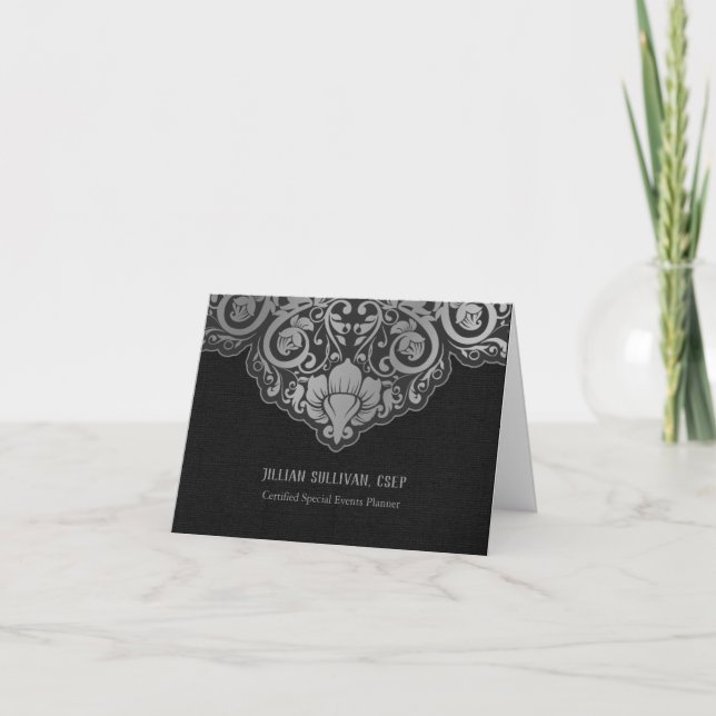 Chic Abstract Grey On Black Swirls Note Card (Front)