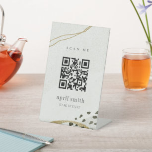 Chic Abstract Ivory Gold Black Grey Stone QR Code Pedestal Sign
