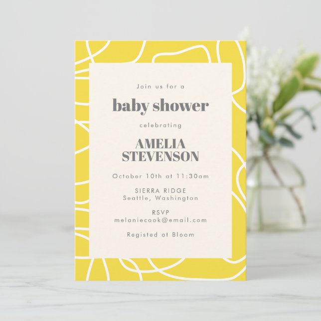 Chic Abstract Modern Line Art Yellow Baby Shower Invitation (Standing Front)