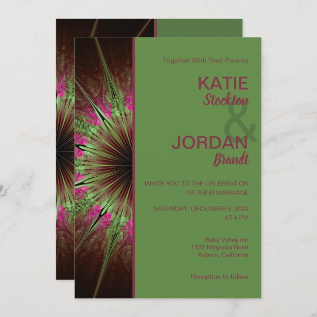 Chic Abstract Pink and Green Wedding Invitation (Front/Back)
