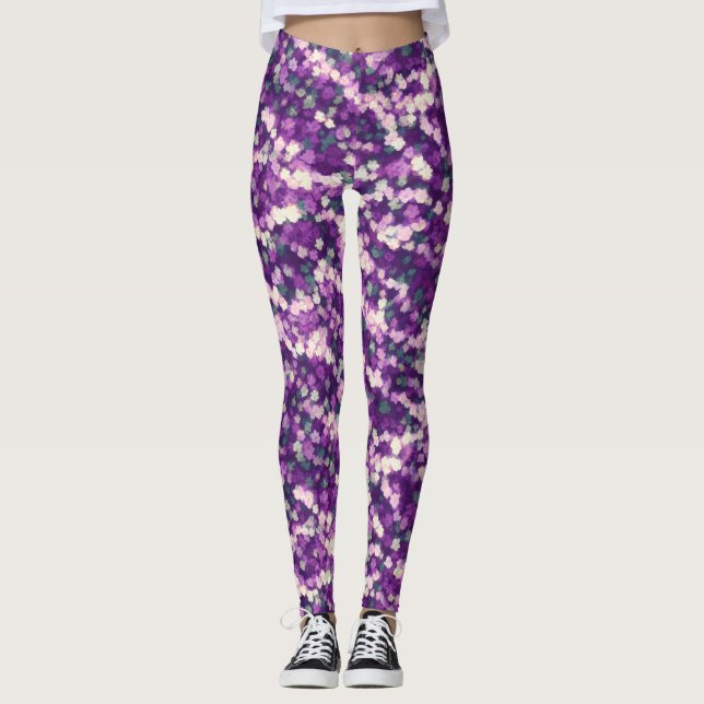 Chic Abstract Purple And Pink White Floral Pattern Leggings (Front)