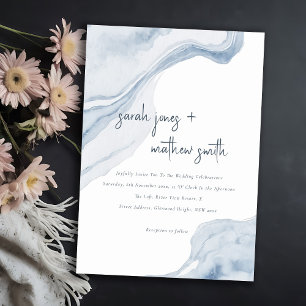 Chic Abstract Soft Blue Sea Coastal Beach Wedding Invitation