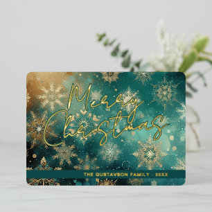 Chic Abstract Teal Blue Snowflake Floral Art Gold Foil Holiday Card