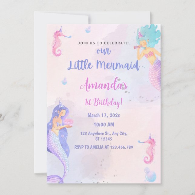 Chic Adorable Mermaid 1st Birthday Invitation (Front)