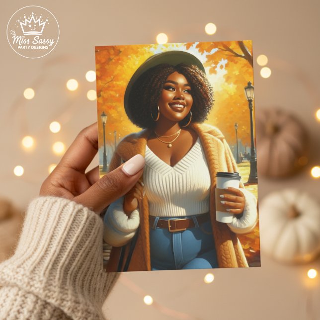 Chic African American Woman Thanksgiving | Fall Card (Chic Black woman Thanksgiving card with cozy fall leaves, warm vibes, and thankful wishes)