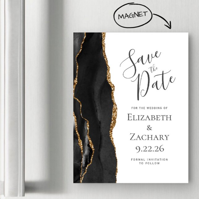 Chic Agate Black Gold Magnetic Save the Date (Creator Uploaded)