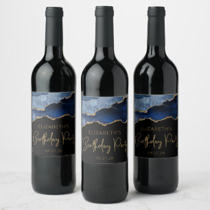 Chic Agate Blue Gold Any Year Birthday Party Wine Label