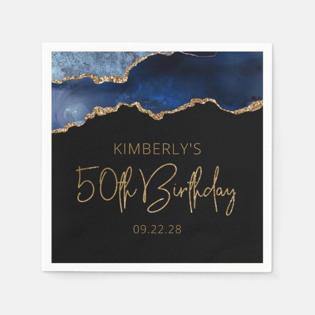 Chic Agate Geode Blue Gold 50th Birthday Party Napkin (Front)