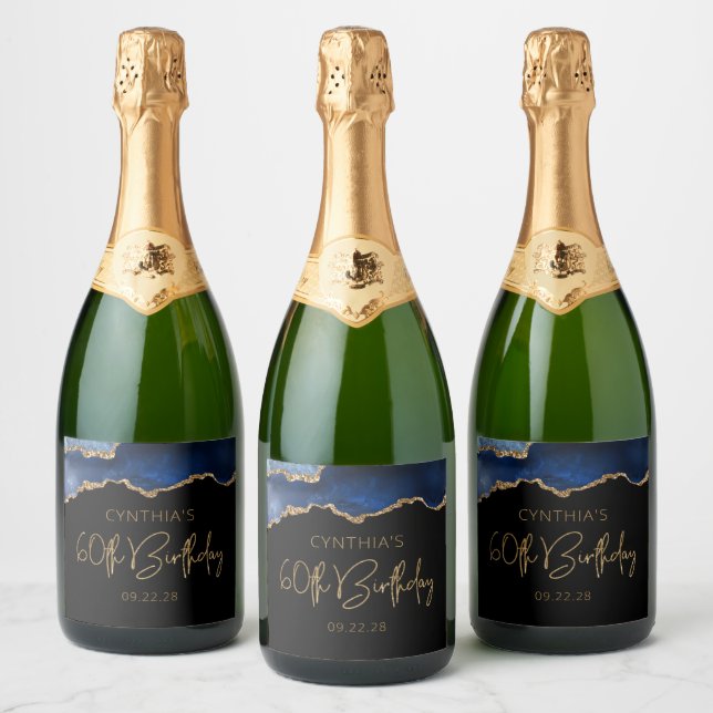 Chic Agate Geode Blue Gold 60th Birthday Party Sparkling Wine Label (Bottles)