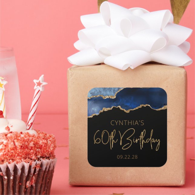 Chic Agate Geode Blue Gold 60th Birthday Party Square Sticker (Party)