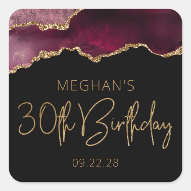 Chic Agate Geode Burgundy Gold 30th Birthday Party Square Sticker (Front)