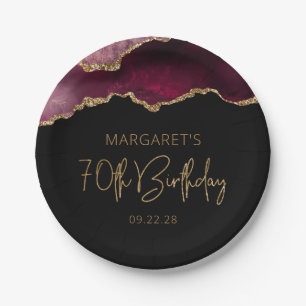 Chic Agate Geode Burgundy Gold 70th Birthday Party Paper Plate