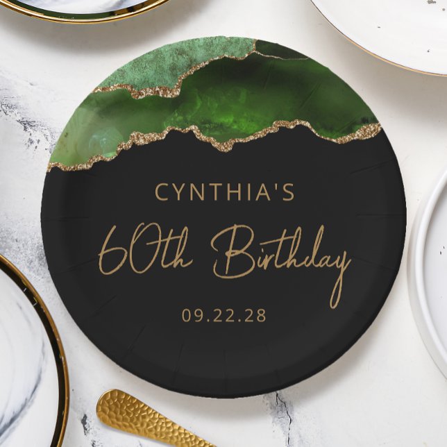 Chic Agate Geode Green Gold 60th Birthday Party Paper Plate (Creator Uploaded)