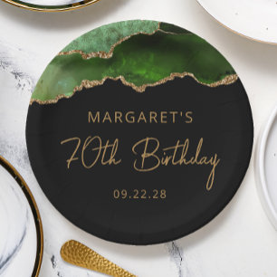 Chic Agate Geode Green Gold 70th Birthday Party Paper Plate
