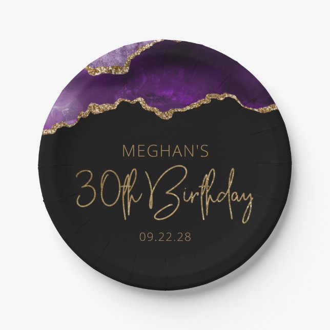 Chic Agate Geode Purple Gold 30th Birthday Party Paper Plate (Front)