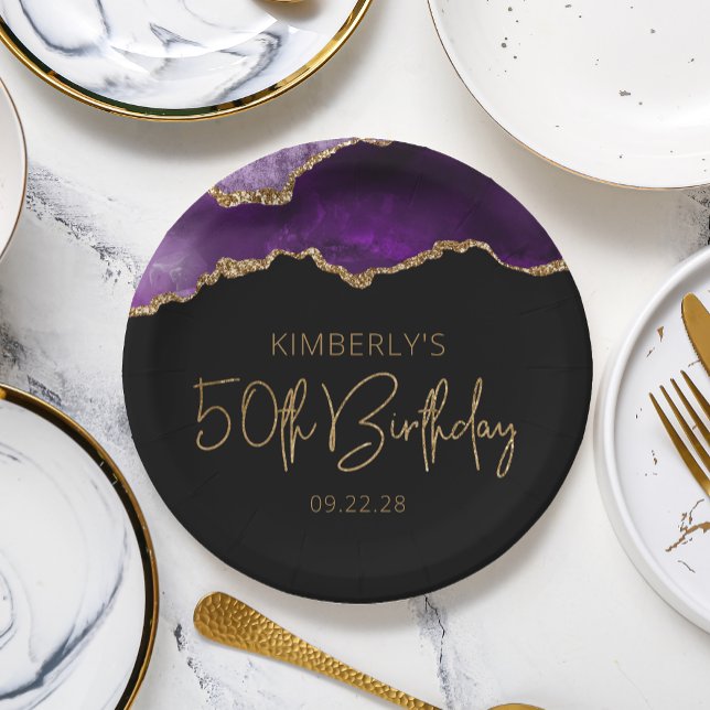 Chic Agate Geode Purple Gold 50th Birthday Party Paper Plate (Creator Uploaded)