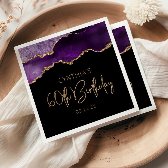 Chic Agate Geode Purple Gold 60th Birthday Party Napkin (Creator Uploaded)