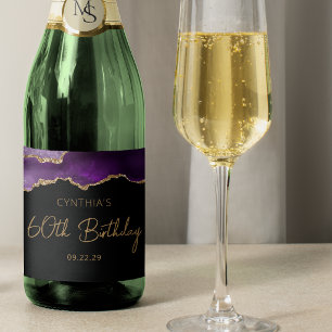 Chic Agate Geode Purple Gold 60th Birthday Party Sparkling Wine Label