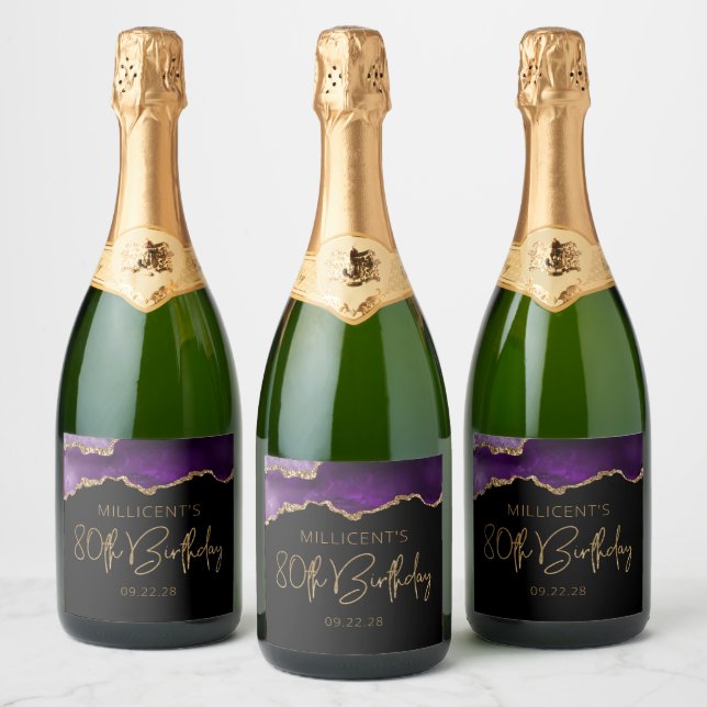Chic Agate Geode Purple Gold 80th Birthday Party Sparkling Wine Label (Bottles)