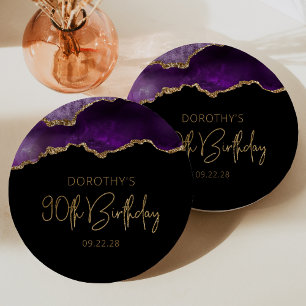Chic Agate Geode Purple Gold 90th Birthday Party Paper Plate