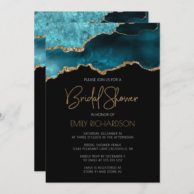 Chic Agate Geode Teal Blue Gold Bridal Shower Invitation (Front/Back)