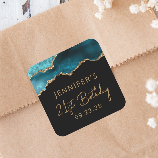Chic Agate Geode Teal Gold 21st Birthday Party Square Sticker (Creator Uploaded)