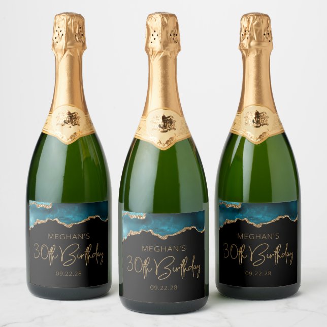 Chic Agate Geode Teal Gold 30th Birthday Party Sparkling Wine Label (Bottles)