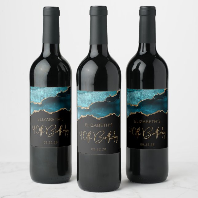 Chic Agate Geode Teal Gold 40th Birthday Party Wine Label (Bottles)