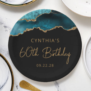 Chic Agate Geode Teal Gold 60th Birthday Party Paper Plate