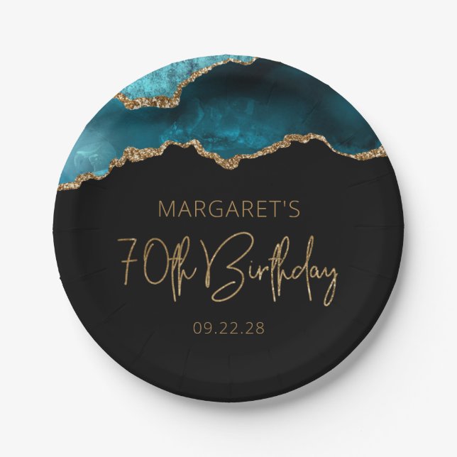 Chic Agate Geode Teal Gold 70th Birthday Party Paper Plate (Front)