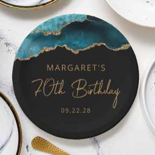 Chic Agate Geode Teal Gold 70th Birthday Party Paper Plate