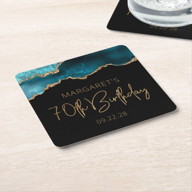 Chic Agate Geode Teal Gold 70th Birthday Party Square Paper Coaster (Angled)