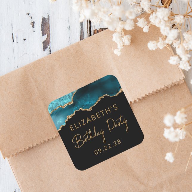 Chic Agate Geode Teal Gold Any Year Birthday Party Square Sticker (Creator Uploaded)