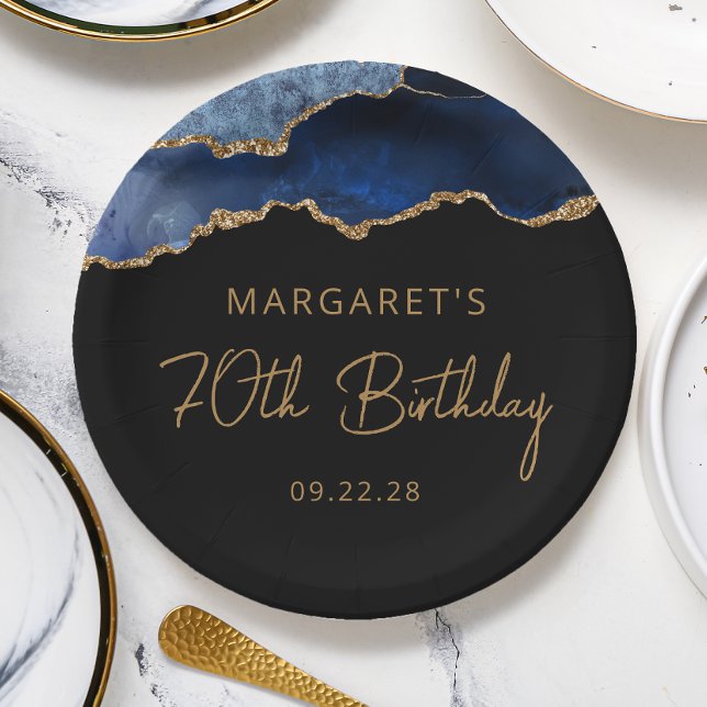 Chic Agate Navy Blue Gold 70th Birthday Party Paper Plate (Creator Uploaded)