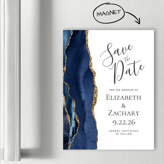 Chic Agate Navy Blue Gold Magnetic Save the Date (Creator Uploaded)