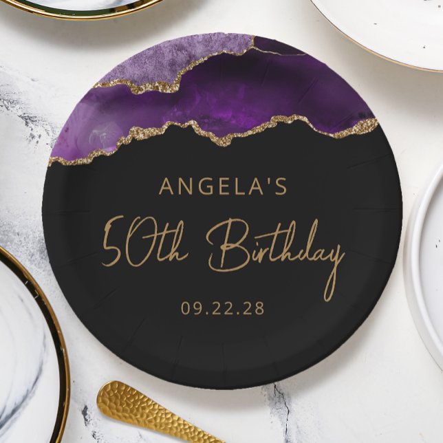 Chic Agate Purple Gold 50th Birthday Party Paper Plate (Creator Uploaded)