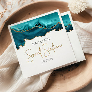Chic Agate Teal Blue Gold Sweet 16 Birthday Napkin