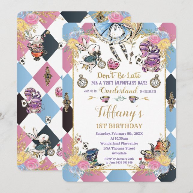 Chic Alice in Wonderland 1st Birthday Tea Party Invitation (Front/Back)