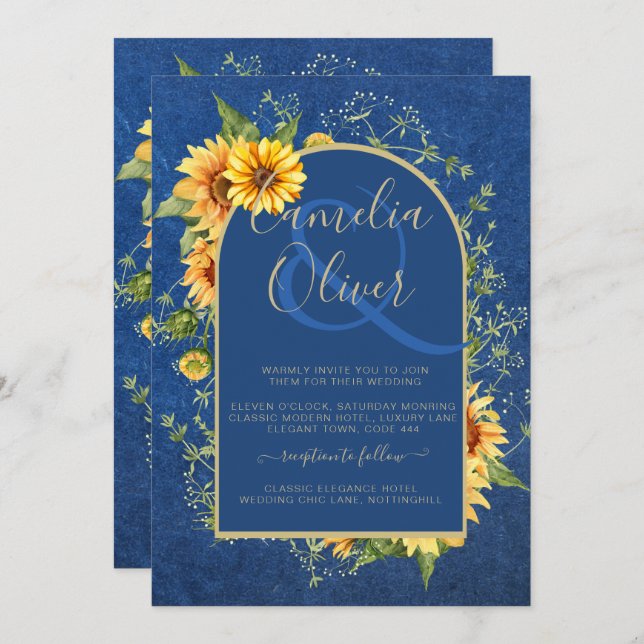 Chic All-in1 Rustic Sunflowers BLUE Yellow Wedding Invitation (Front/Back)