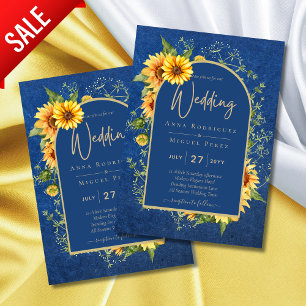 Chic All-in1 Rustic Sunflowers BLUE Yellow Wedding Invitation
