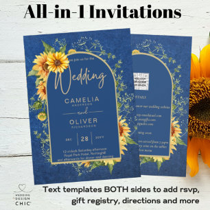 Chic All-in1 Rustic Sunflowers BLUE Yellow Wedding Invitation