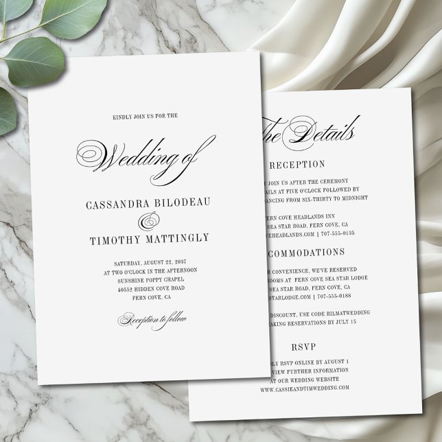 Chic All-In-One Black White Script Budget Wedding Invitation (All-in-one version of elegant romantic script wedding invitation with customizable details on back)