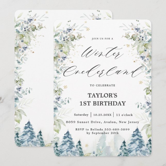 Chic Alpine Trees Winter Onederland 1st Birthday  Invitation (Front/Back)