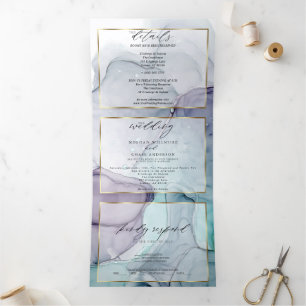 Chic Amethyst Teal Abstract Ink Tri-Fold Invitati Invitation