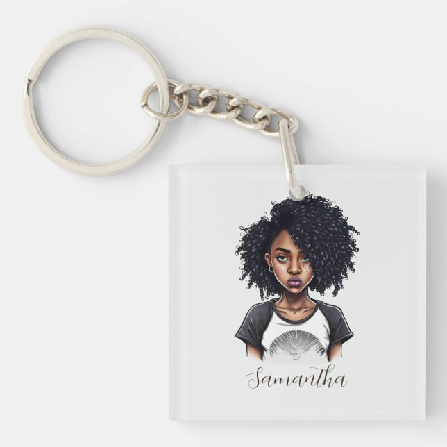 Chic and Classy Afro Woman Key Ring (Front)