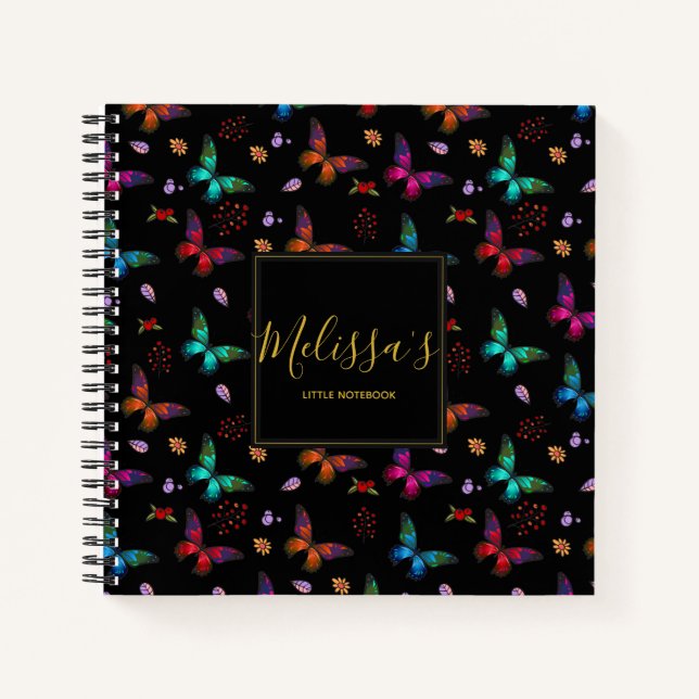 Chic and Colourful Butterflies on Black Custom Notebook (Front)