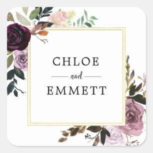 Chic and Elegant Custom Purple Floral Wedding Square Sticker