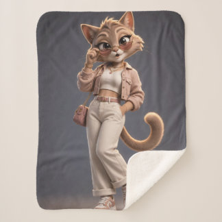 Chic and Stylish 3D Animated Cat Character Design Sherpa Blanket