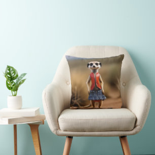 Chic and Stylish: Meerkat Girl in Skirt and Jacket Cushion